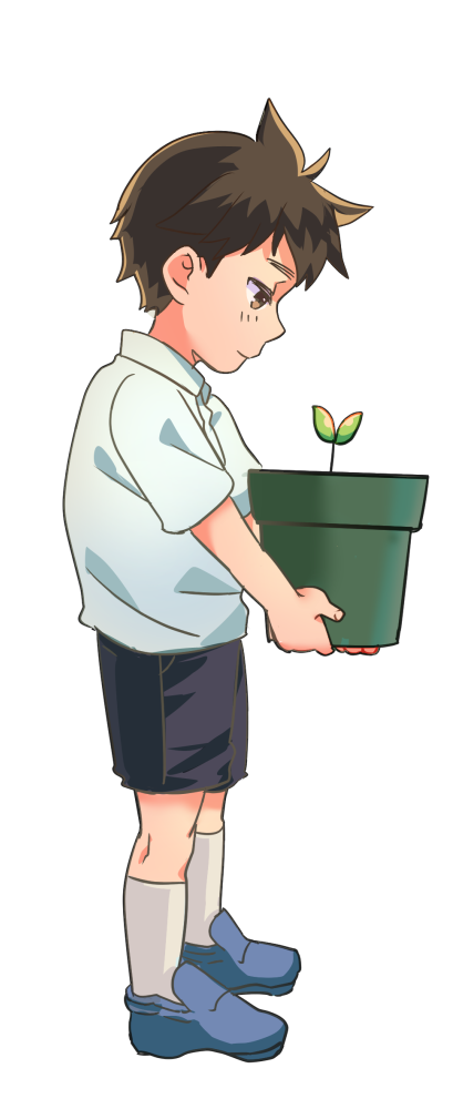 植木鉢を抱えた男の子のオリジナルイラスト
